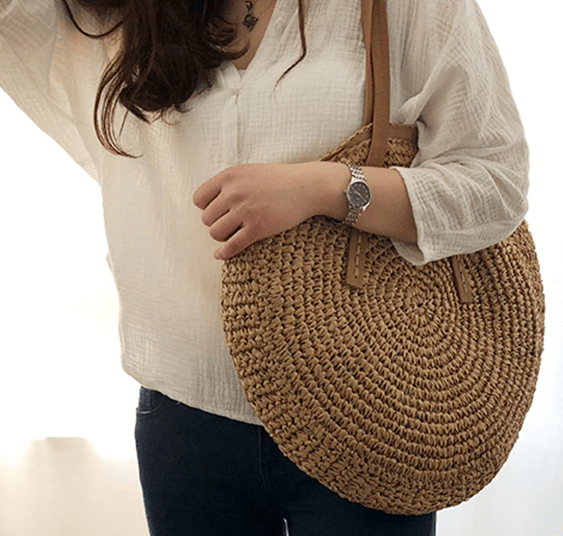 Sac De Plage Tissé Marron Élégant Grande Capacité Anses Cuir XL 1 Sac De Plage Tisse Marron.png